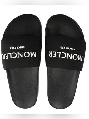 NEW MONCLER BLACK BASILE X RAISED LOGO RUBBER SLIDE SANDALS UNISEX 40